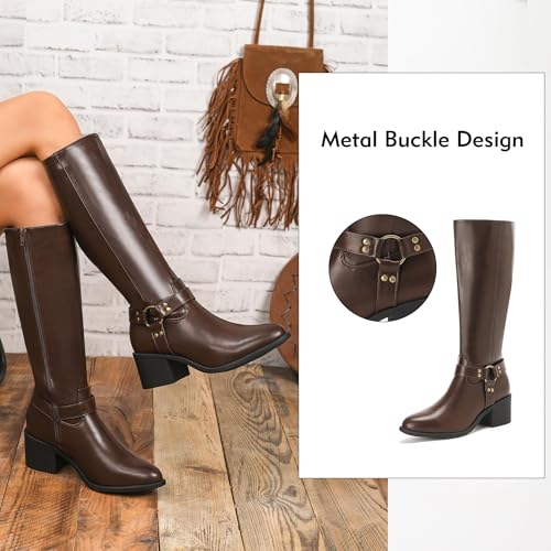 Putu Women's Riding Boots Block Heel Knee High Boots Almond Toe Fall Boots with Buckle3