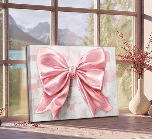 Image of Pink Bow Canvas Wall Art Trendy Cute Preppy Watercolor Bow Painting Pictures Wall Decor Posters Prints Girly Aesthetic for College Apartment Bedroom Decoration