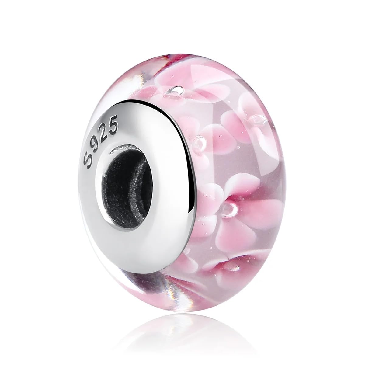 FLXHHX Ciondolo Floreale in Vetro di con Fiore Rosa, Autentico Argento Sterling 925, Compatibile con Bracciale