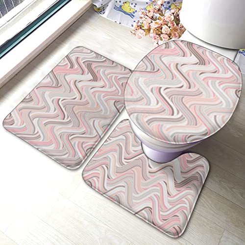 DIRYKILP Badematte + Konturmatte + Toilettendeckelbezug, Linien Geometrisches Muster 3 Stück Badematten Set, mit rutschfester Klebeunterseite