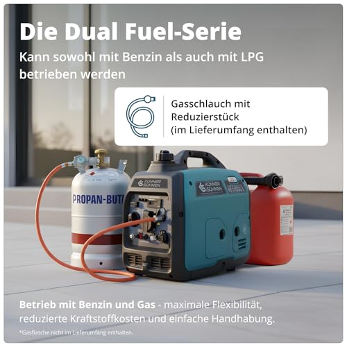 LPG/Benzin-Inverter-Generator KS 3100iG S von Könner & Söhnen. Notstromaggregat 3100 W, Schuko-Steckdose 230 V, 2 USB-Anschlüsse, LED-Anzeige, ECO-Modus, Kupferwicklungen, stromerzeuger EURO V.