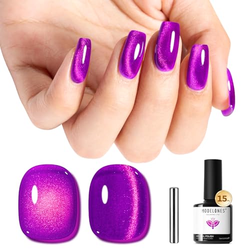 Image of modelones Cat Eye Gel Nail Polish, Purple Magnetic Nail Polish with Magnet Yellow Glitter Soak Off U V Winter Gel Polish Shimmer Nail Art Top Coat Manicure Salon DIY