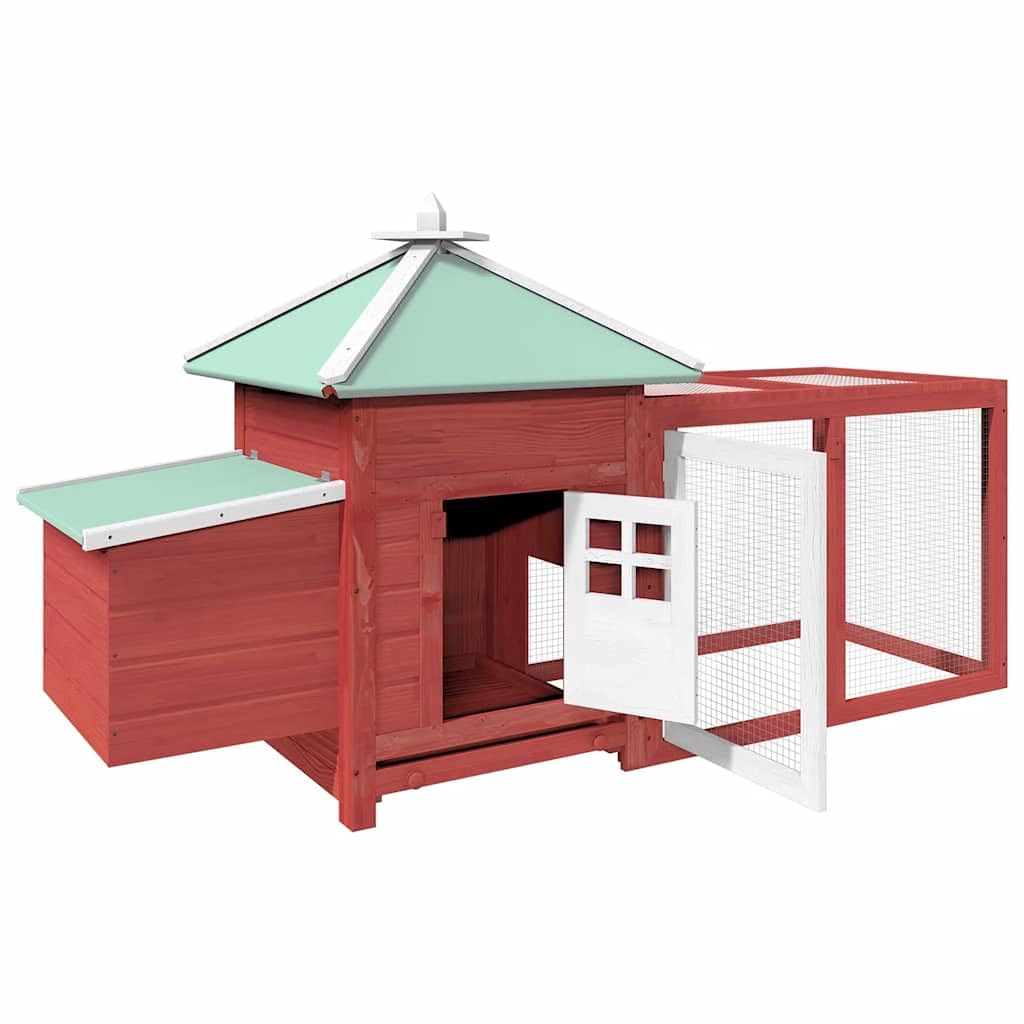 Hühnerstall mit Hühnernest Rot aus massivem Tannenholz 190x72x102 cm mit großem Auslauf und verzinktem Stahlgeflecht für Kleintiere, Kaninchenstall, Outdoor Gehege, komfortable Behausung