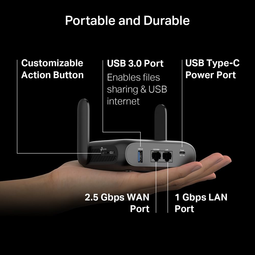 TP-Link TL-WR3602BE Wi-Fi 7 router podróżny, BE3600 Dual-Band WLAN, 2,5 Gb/s WAN, Gigabit LAN, USB 3.0, 7 trybów, OpenVPN/WireGuard, zasilanie powerbankiem, WPA3
