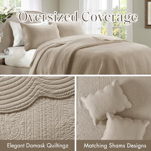 Madison Park King Quilt Set - Damask Coverlet Set for King Size Bed, Cottage Oversized Quilt Set, Scallop Edge, All Season, Pre-washed Cotton-Filled Quilt, Tuscany, Khaki 3 Piece - Image 4