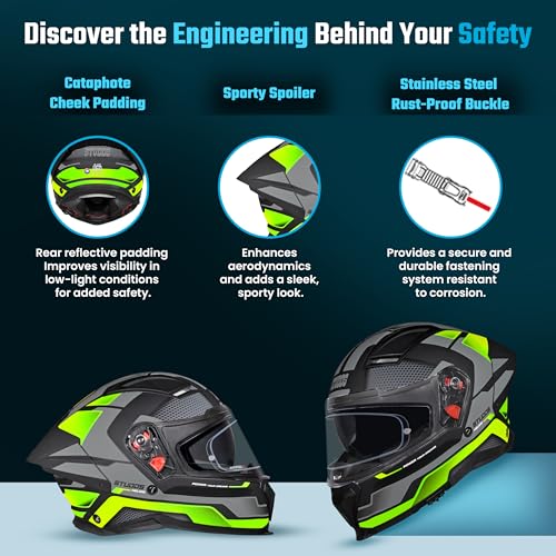 Image of STUDDS Helios Asphalt Full Face ISI and DOT Certified Helmet with Dual Visor MATT Black & Green - XL