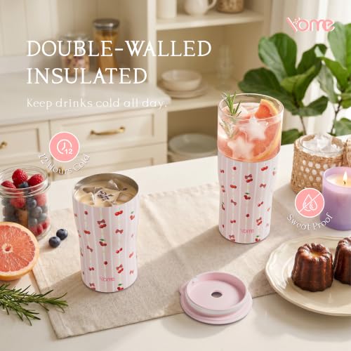 Image of YOME 20oz Stripe Cherry Pink Insulated Glass Tumbler with Lid & Straw for Women Gift | Stainless Steel Iced Coffee Cup | Keep Drinks Cold |Cupholder Friendly |Ideal for Iced Coffee, Smoothies & Boba
