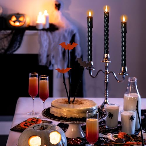 Image of Black Flameless Flickering Taper Candles Battery Operated with 10-Key Remote and Timer, 6 Pack Plastic 3D Wick Dripping Effect LED Taper Candles Dinner Halloween Decor(0.78 inch D x 9.65 inch H)