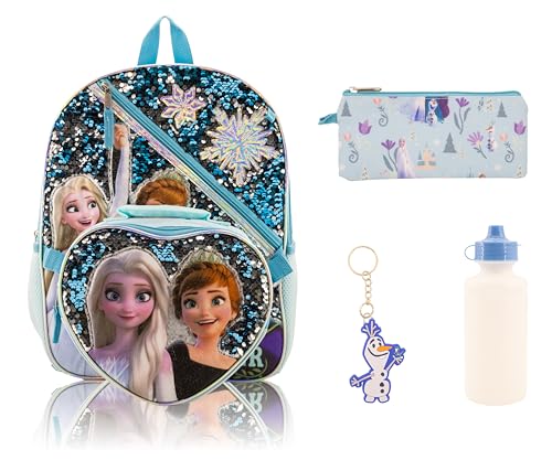 Disney Frozen Conjunto de mochila para crianças | Conjunto escolar Frozen de 5 peças com mochila de 41 cm com lancheira, garrafa de água, estojo com zíper e chaveiro | Bolsa de viagem infantil
