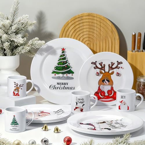 12 Piece Christmas Melamine Dinnerware Set for 4 Guest, 10" Dinner Plates, 8" Salad Plates, 9 oz Mug Shatterproof Xmas Dishes Gift for Home Party Festive Holiday Celebrations – Image 5