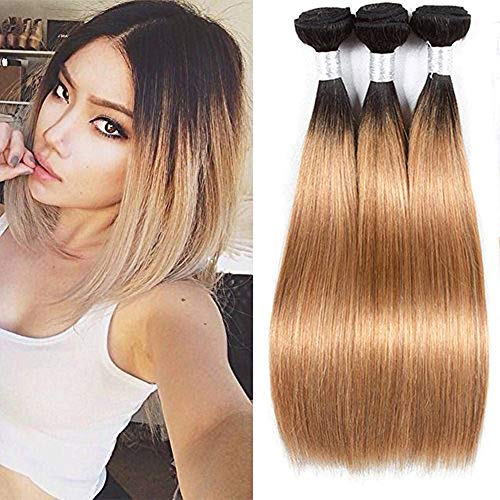 Ombre Hair Bundles Silky Straight Bundles Virgin Peruvian Hair 3 Bundles Two Tone Hair 1B To Honey Blonde Ombre Color T1B/27 Hair Extensions 100G/Pcs Tandle Free Long Bundles For Women 22 24 26 Inch