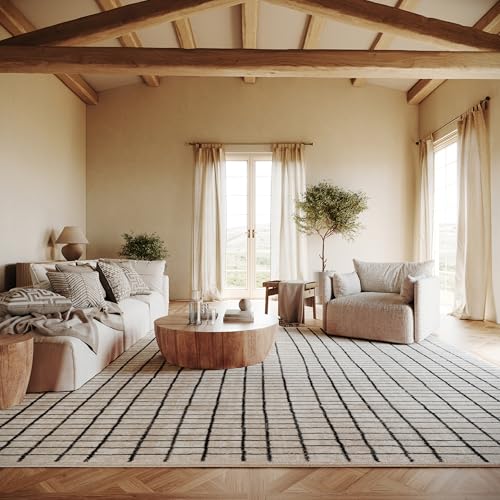 Tapete decorativo nuLOOM, 9x12 pies, diseño cuadros beige miniatura 1