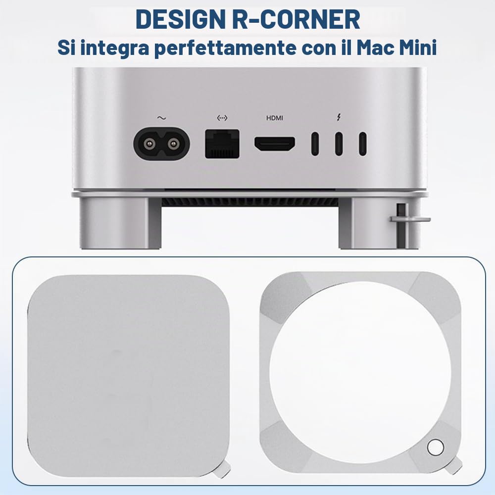 Supporto per Mac mini M4, Supporto in Alluminio per Mac mini M4 e M4 Pro, Mac Mini M4 Supporto Raffreddamento Migliorato, Accesso al Pulsante di Accensione, Antiscivolo (Argento)