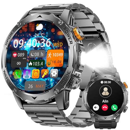 Military Smart Watches 1000 mAh Battery/Flashlight,1.75'' IPS HD Display Smart Watch for Men(Make Call),IP68 Waterproof Fitness Watch with Heart Rate,Sleep Monitor,100+ Sports Modes,for iOS Android