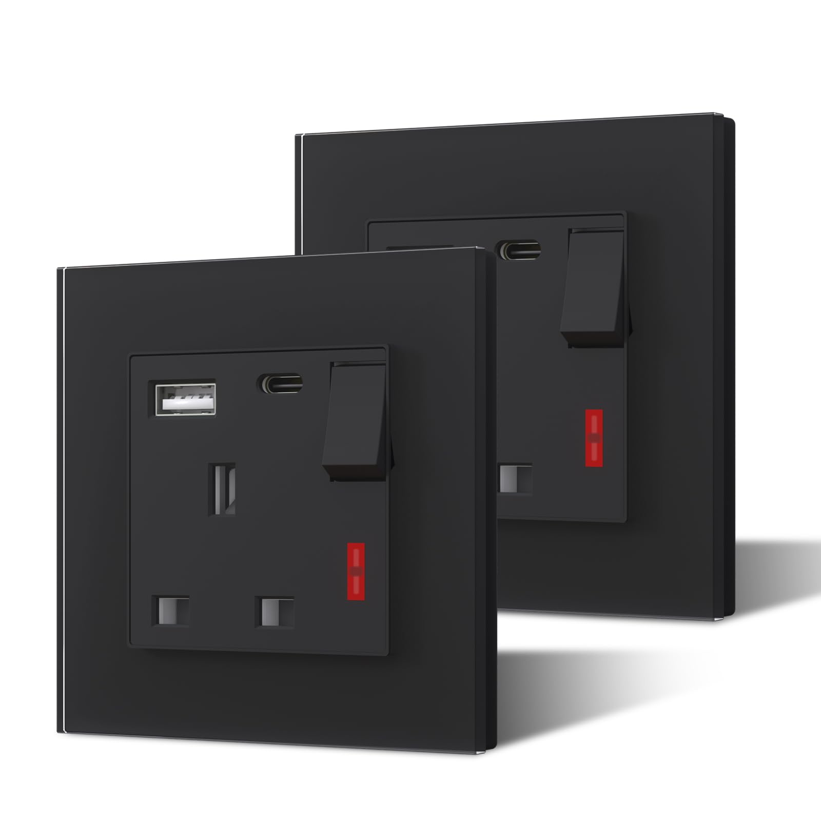 – BSEED Single Plug Socket with USB C and USB A,Glass Switched Socket,UK Standard Electric Power Sockets,13A Wall Socket,Save Space,1 Gang-2 Pack,86mm Black
