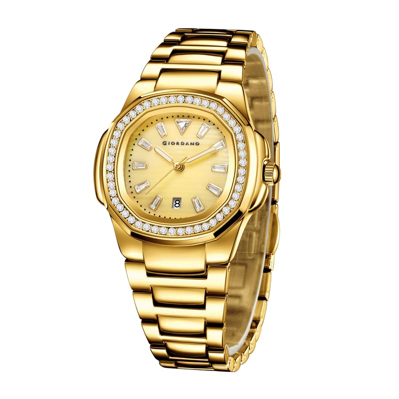Image of Giordano Luxury Analog Quartz Watch for Women with Square Textured Dial, Crystal Indices, Date Display Function and Stainless Steel Strap - GZ-60116