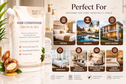 Image of Hair Conditioner Refill Pack 1 Litre | Argan & Silk | Professional Hospitality Conditioner for Hotels, Resorts & Guest Houses | Paraben Free | Dispenser Refill Pouch