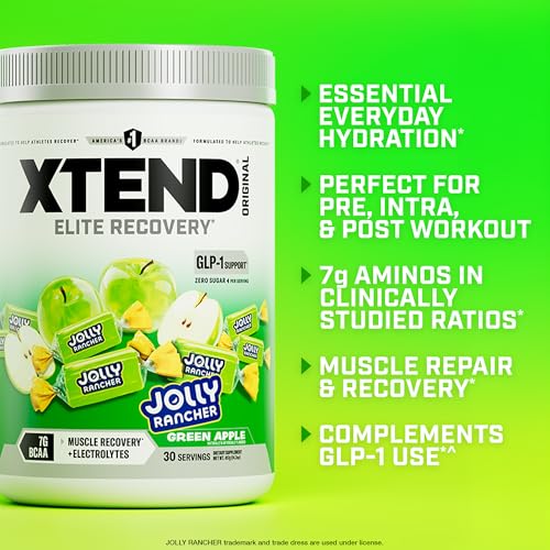 Image of Xtend Original BCAA Powder, 7g BCAAs and 2.5g L-Glutamine for Muscle Recovery, Hydration, and Lean Muscle, Sugar Free Intra and Post Workout Drink with, Green Apple Jolly Rancher, 30 Servings