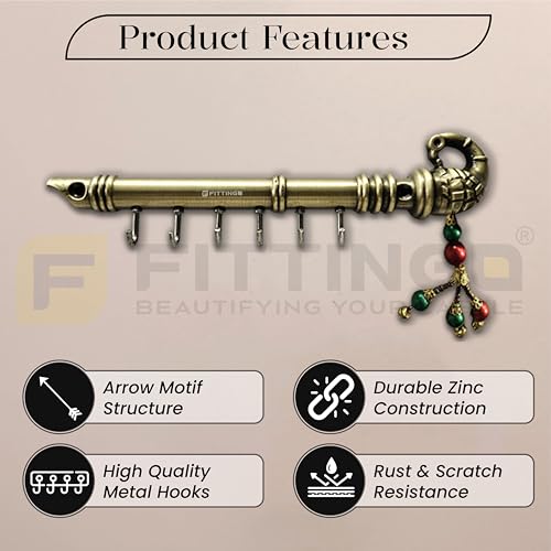 Image of Brass Antique Flute Shape Key Holder for Wall /Decorative Zinc Key Stand with Latkan /Krishna Bansuri Design Key Hanger for Home Decor & Gifting (Brass Antique)-| 3 Years Warranty |