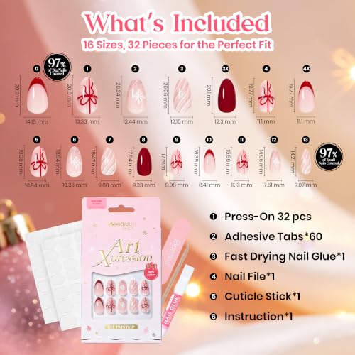 Image of Beetles Christmas Press On Nails with Glue, 32 PCS Short Almond