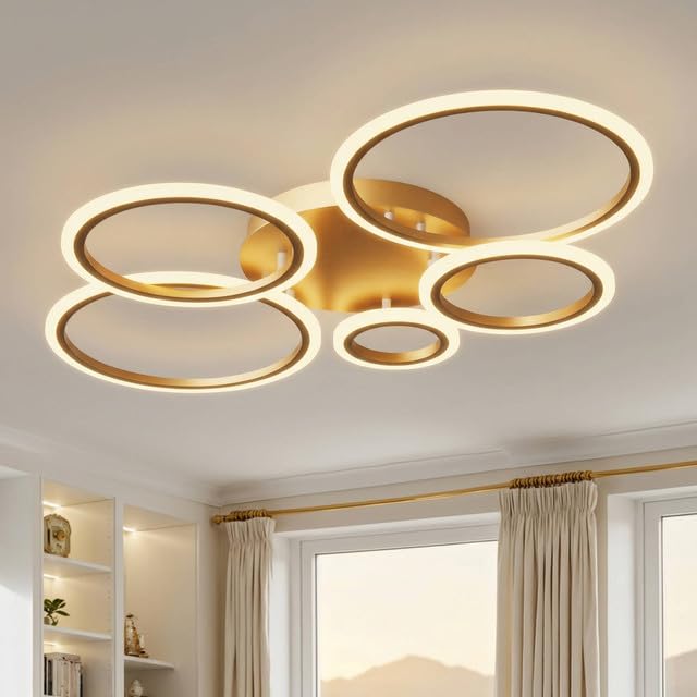KeLuKes Dimmable Ceiling Light, Living Room LED Ceiling Lamp with Remote Control, Memory Function, 3000k-6500k, Timer, 100cm Ring Ceiling Light Chandelier, Gold