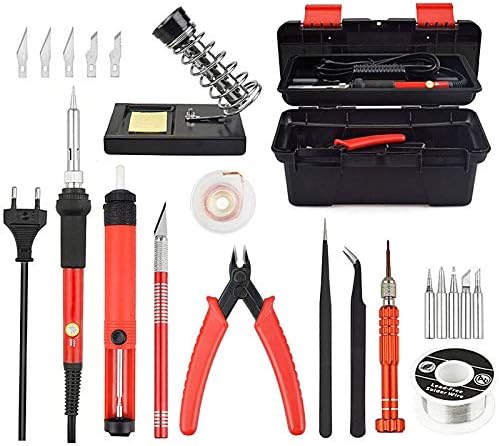 Soldering 25Pcs/lot Red EU/US 220V 60W Adjustable Temperature Electrical Soldering Iron Kit SMD Welding Repair Tool Set Tool Box - (Power: EU Plug)