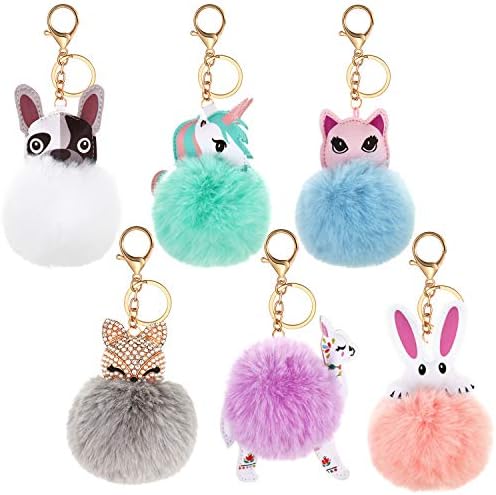WILLBOND 6 Pieces Cute Animal Pom Pom Keychain Faux Fur Fluffy Key Ring for Women Girls (Sweet Style)