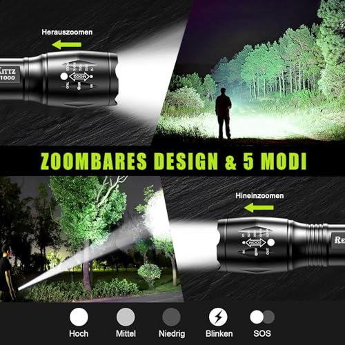 REHKITTZ Taschenlampe, Extrem Hell Tragbare Handlampe 2 Stück, 2000 Lumen, Wandern Camping Taschenlampe LED, Taktische Taschenlampe Outdoor Aluminium Alloy Material Mit 5 Licht Modi und Zoom – Bild 6