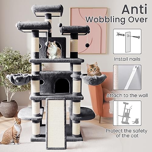 Image of SHA CERLIN 68 Inches Multi-Level Large Cat Tree for Large Kitties /Big Cat Tower with Condo /Cozy Plush Pussycat Perches /Sisal Scratching Posts and Hammocks /Activity Center /Dark Grey