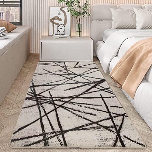 Leesentec Rugs Living Room Bedroom Rug Modern Short Pile Rugs Bohemian Carpet Abstract Geometric Straight Line Pattern Carpets Non-slip Large Rug (Beige/Striped Black
