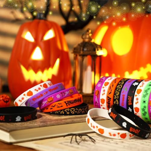Image of JUNEBRUSHS 64pcs Halloween Party Favors Silicone Bracelets Rubber Wristband