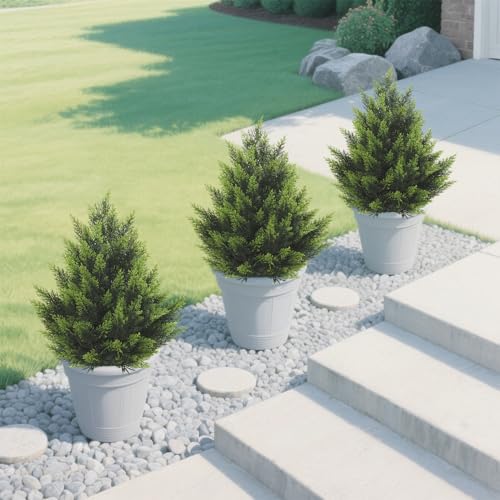 R's Ceder Artificial Topiary Cedar Tree 2FT Faux Little Bush Cedar Tree UV Resistant Shrub Potted Artificial Plant for Outdoor Indoor Front Porch Garden (2 Pack)