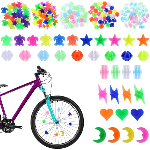 MBAIYO 169 Pcs Bike Wheel Spokes Beads, Colorful Bike Wheel Spokes Beads Assortment, Plastic Clip Decorations for Bicycle Spoke Decorations Assorted Color and 6 Shapes