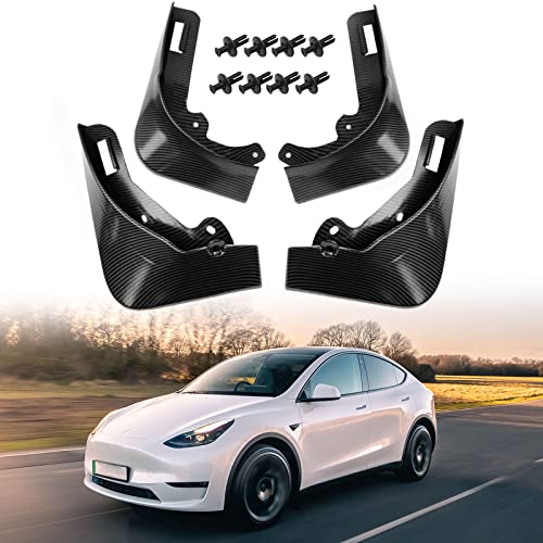 FASTCHE Guardabarros para Tesla Model Y 2020 2021 2022, guardabarros delantero, trasero, sin necesidad de taladrar agujeros (juego de 4, fibra de carbono ABS)