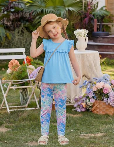 Image of Arshiner Toddler Girls 2-Piece Outfits Ruffle Sleeve Tee & Elastic Waist Pants Kids Summer Clothing Set For 2-10 Years