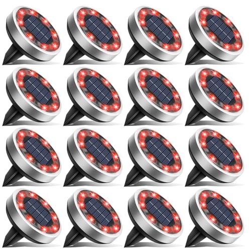 btfarm 16 Pack Solar Lights Outdoor 8 LED Solar Ground Lights IP65 Waterproof Flat Solar Disc Light Pathway Lights for Garden Lawn Patio Yard Path Landscape Red