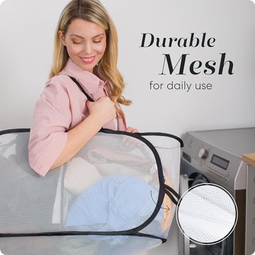 Image of Foldable Laundry Basket - Popup and Collapsible, Durable Mesh Material, Folds for Storage, Easy Carry Handles - Great Hamper for College Dorm, Laundry Room or Travel (White-Black, 2-Compartments)