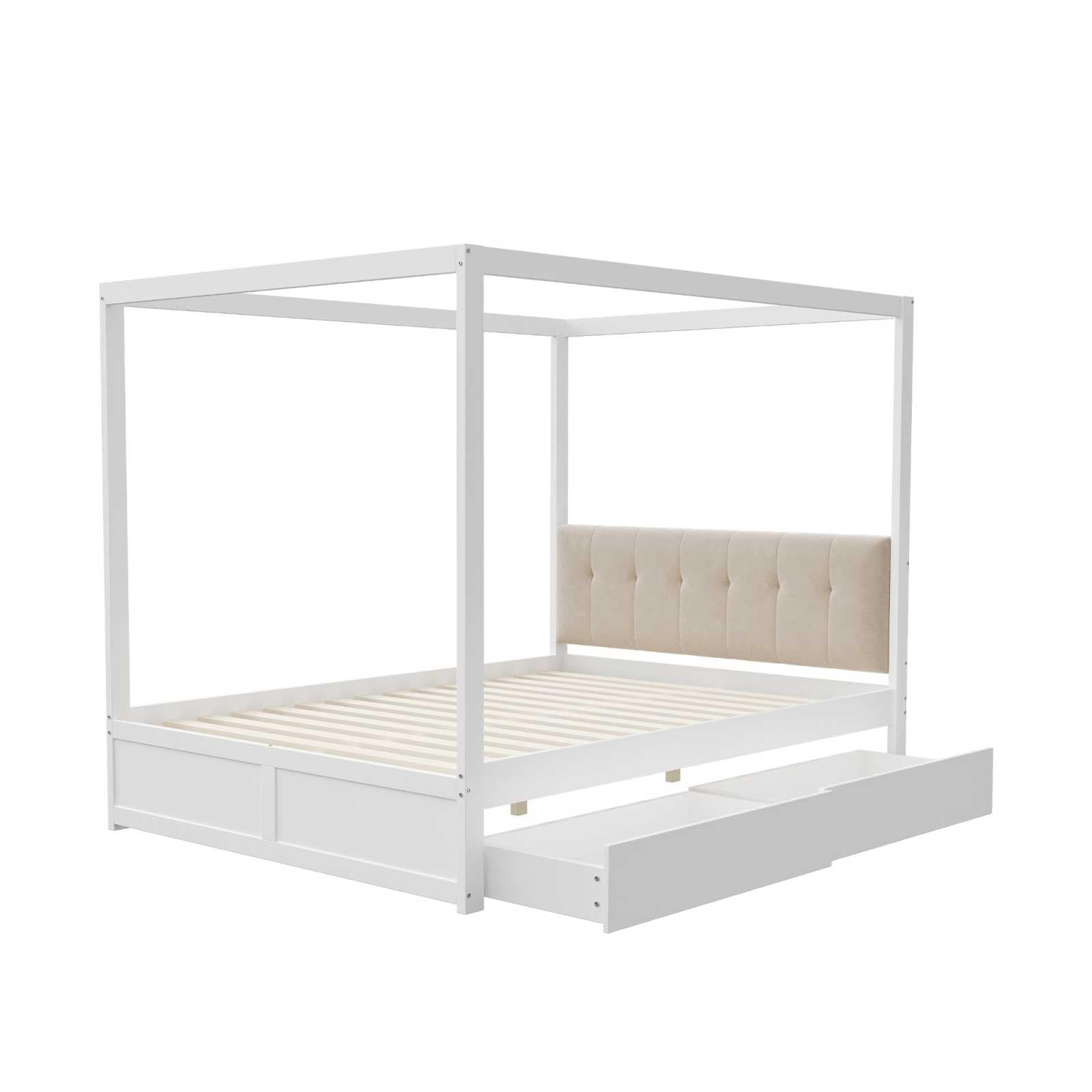 YEHTOKHOME Lit à baldaquin 140x200cm,lit Multifonctionnel avec Deux tiroirs,lit en Bois avec Dossier rembourré,lit Double avec sommier à Lattes(sans Matelas) (Blanc)