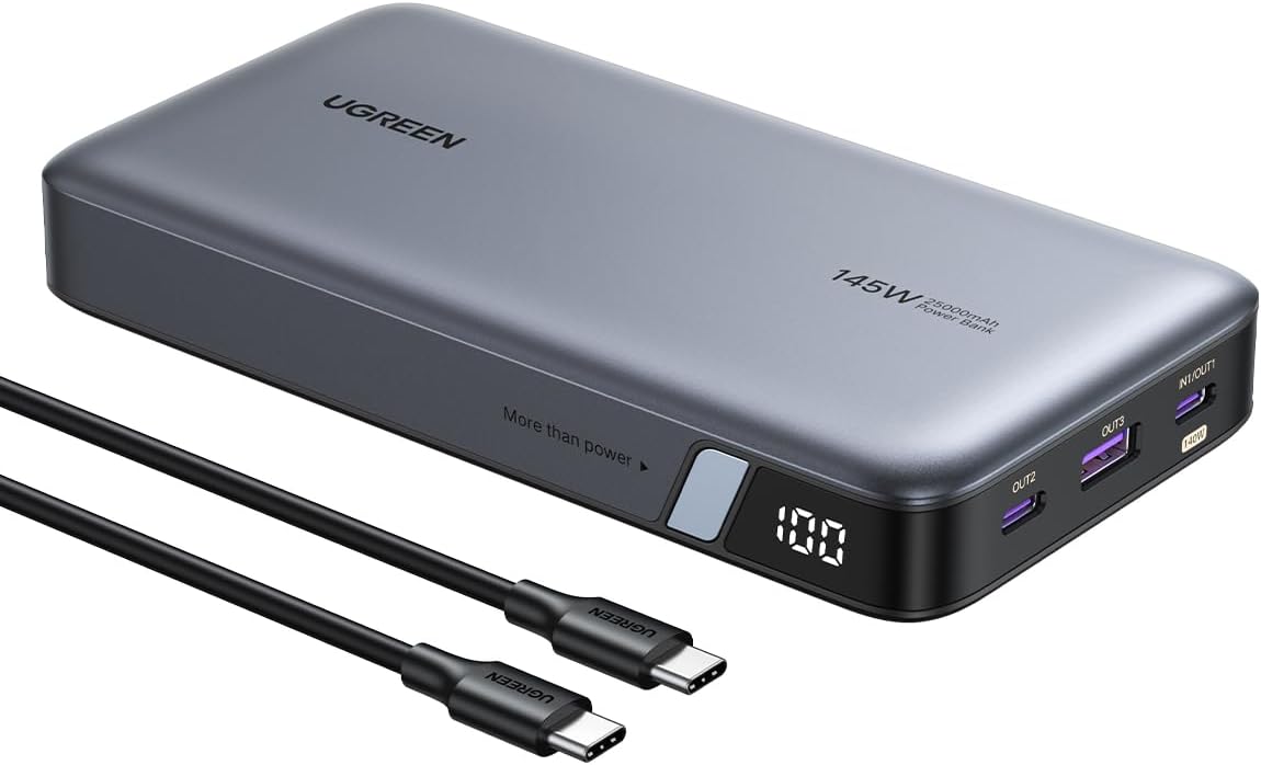 - UGREEN PD3.1 Mobile Battery, 145 W High Output, 25,000 mAh High Capacity, 3 Ports, 2 USB-C, 1 USB-A, Single Port, 140 W High Output, 65 W Input, Pass-Through Function, Low Current Mode, 240 W Cable Included, PSE Technical Standards Compliant, MacBook, Windows, PC, iPad Pro, iPhone 17, Galaxy S26 Ultra Android Smartphones, Laptops, PB 205