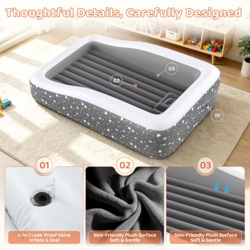 Image of Toddler Air Mattress Inflatable Kids Bed Blow Up Travel Mattress Rails Grey | 4-Sided Safety Rails, 30% Thicker Puncture-Resistant PVC, 20S Fast Inflation, Indoor & Outdoor Kids Bed with Pump & Pillow