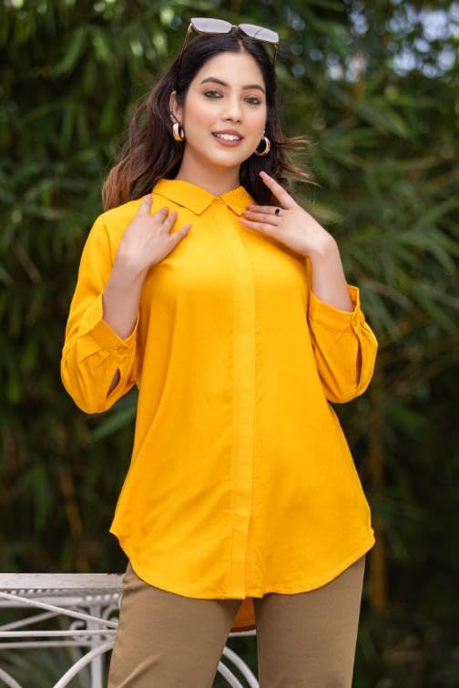 Image of Mlada Hemline Solid Shirts for Women | 3 /4 Sleeves Classic Rayon Shirt for Office Wear | Collared Neck Shirt for Girls | Regular Fit Shirts | Smart Formal Button Down Shirt for Women