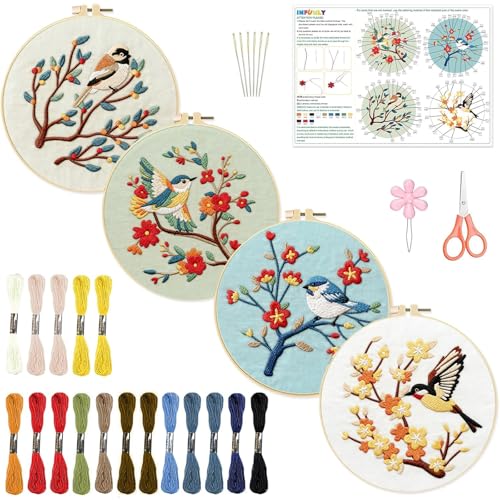 Image of INFUNLY 4 Pack Hummingbird Embroidery Kits for Beginners Flower Cross Stitch Kit Animal DIY Needlepoint Kits Floral Stamped Embroidery Kit with Instructions Embroidery Hoops Threads
