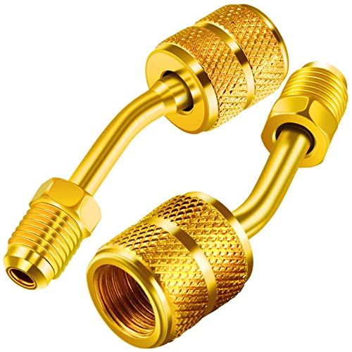 Chinco 2 Pcs R410a Adapter for Mini Split Charging Adapter Vacuum Port with Thimble 5/16 Inch Female Quick Coupler to 1/4 Inch Male Flare for Air Conditioner HVAC Refrigeration (45 Angle)