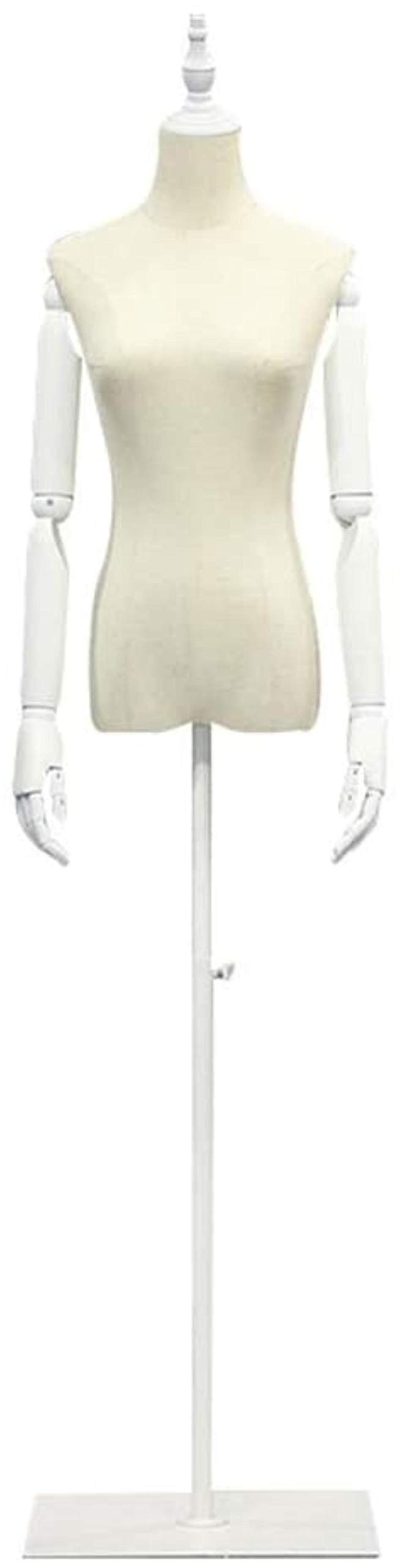 Weibliche Schaufensterpuppe, Torso, Körper, Schneiderpuppe mit Metallständer und Holzarmen für die Präsentation von Kleidung, Kleidern und Schmuck, Weiß, Klein,White-Small