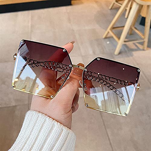 Tophacker Fashion Oversize Gradient Sunglasses for Women Vintage Alloy Chain Frame Rivet Square Sun Glasses Female Elegant Shades (Color : 1, Size : Height: 61mm)