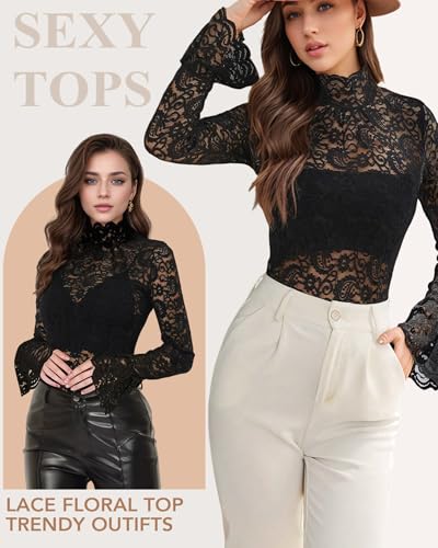 Women's Long Sleeve Lace Mesh Tops High Neck Sheer Blouse Sexy Floral Going Out Top2