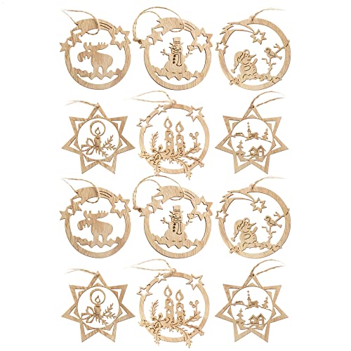 com-four® 12x Tannenbaumschmuck Holz-Anhänger Set -...