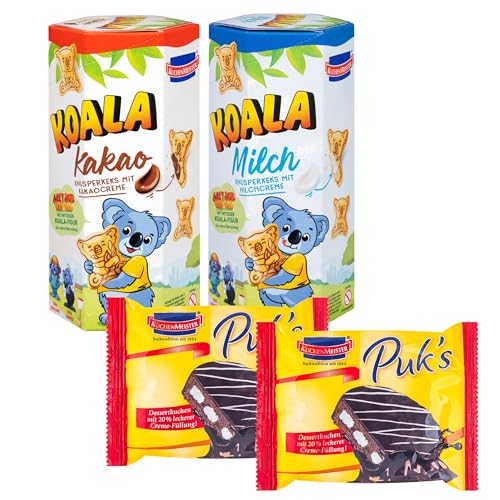 KuchenMeister Snack Probier Mix 4er Pack | Enthalten 1x Koala Milch 75g, 1x Koala Kakao 75g sowie 2x Puks Dessertkuchen | Ideal fürs Büro, zur Schulpause, Snack für Zwischendurch | 4er Mix Pack