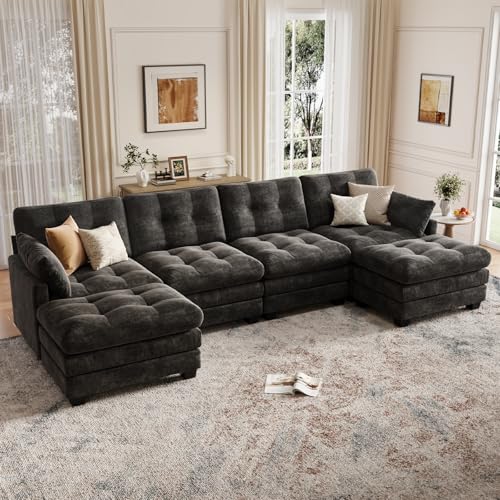 Image of Modular Sectional U Shaped Sofas Couches for Living Room, Tufted Cloud Couch with 2 Movable Ottomans, Comfy Chenille Deep Seat Sofa with Soft Pillows for Bedroom and Apartment, Black