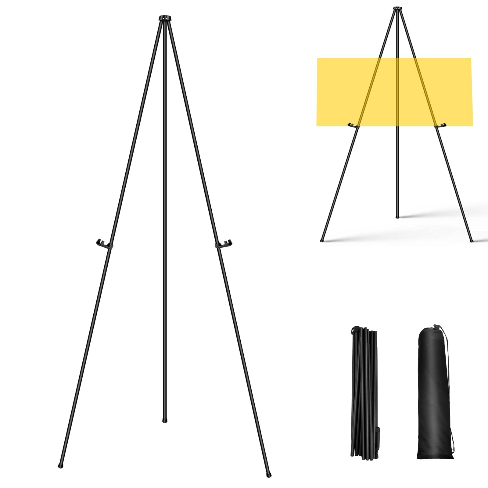 Display Easel Stand for Wedding Sign, Portable Folding Easel Floor Art Easel, Adjustable 160cm Tall Metal Poster Easel, Collapsible Tripod Easel, with Adjustable Plastic Clips,Black (With Storage Bag)